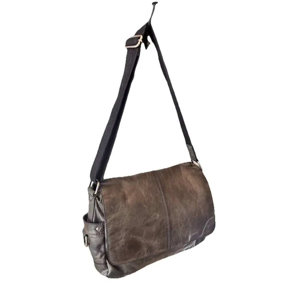 Fossil Leather Messenger Bag Green Distressed Flap Crossbody Laptop Satchel